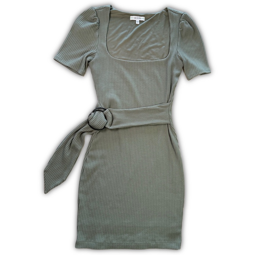 Guess Olive Green Ribbed Mini Dress with Self-Tie Belt